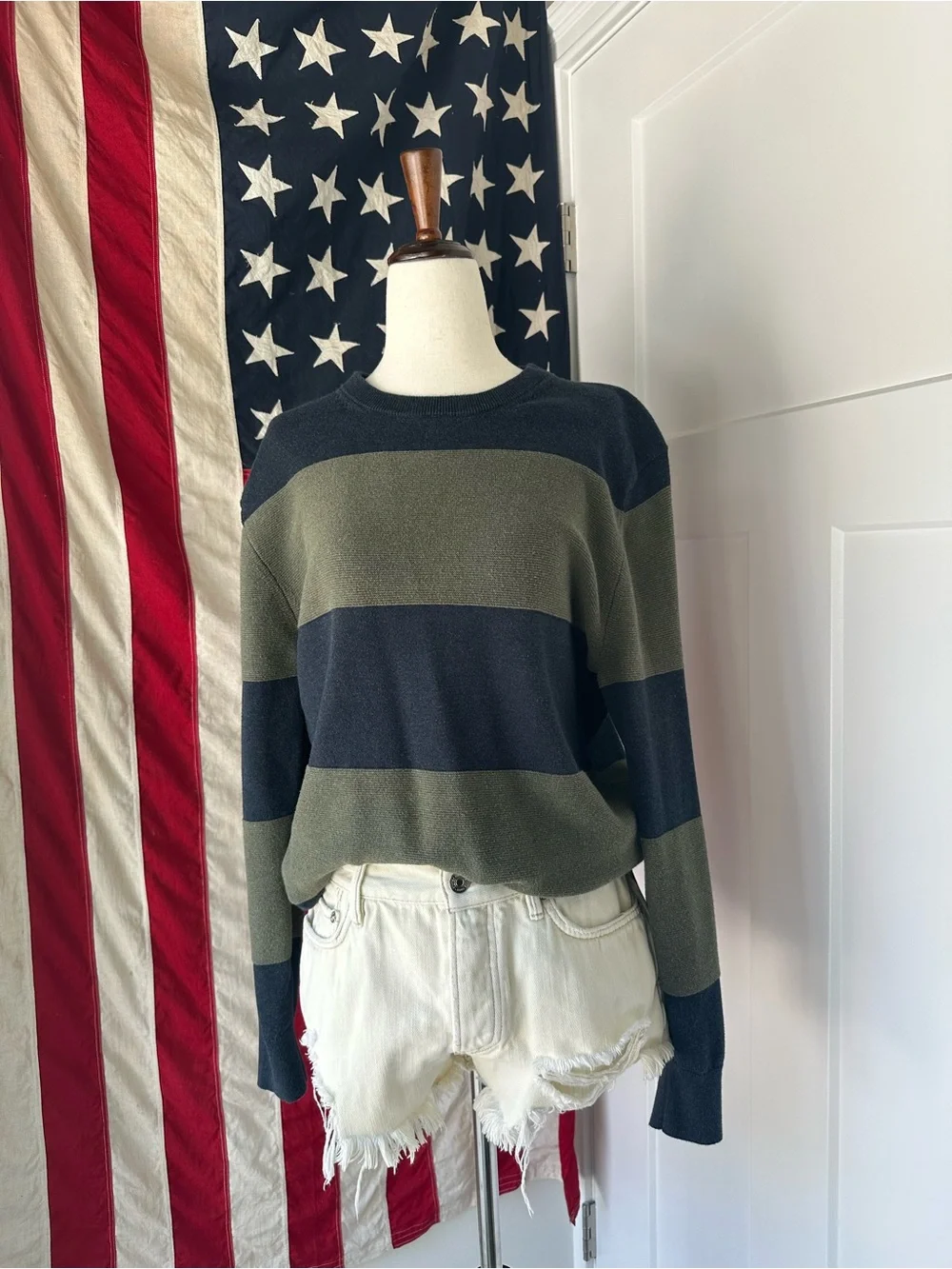 J.Crew Factory Navy & Green Wide Striped Crewneck Knit Sweater M unisex